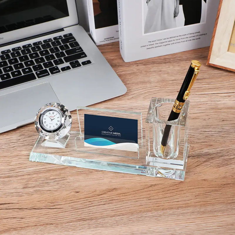 ساعة كينت كريستال لسطح المكتب مع حامل بطاقات وحامل قلم رصاص (فضي)