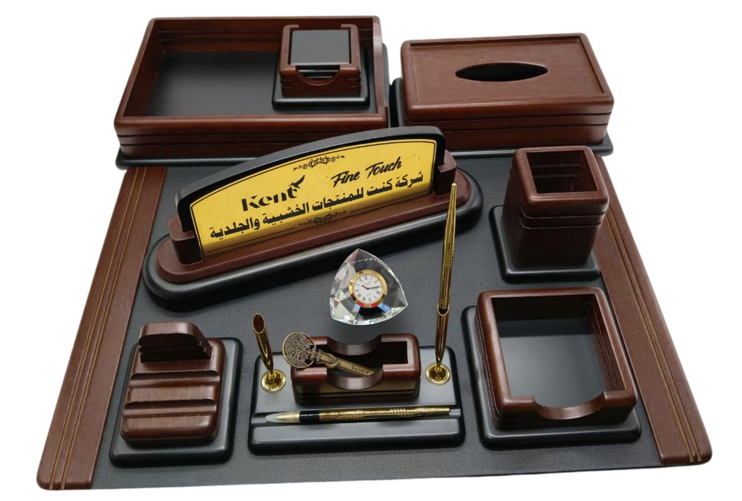 طقم مكتب الفا - بني-  12 قطعة مع ساعة كريستال
